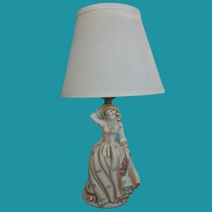 Vintage William FB Johnson Ceramic Figurine Lamp Hand Decorated Colonial Woman